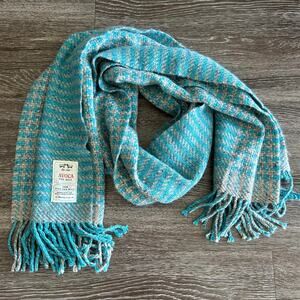 Avoca 100% Wool Blanket Scarf Aqua Blue Fringe Ireland Wrap Irish Wool